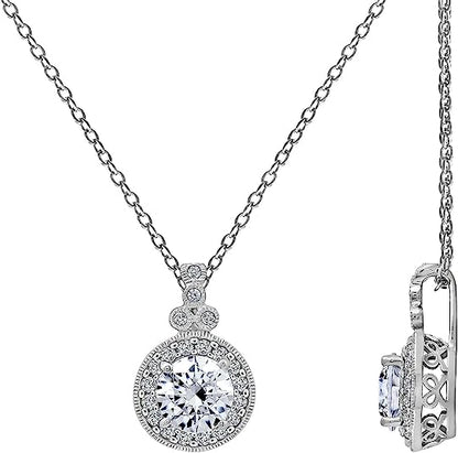 Platinum-Plated Sterling Silver Infinite Elements Zirconia Round-Cut Antique Pendant Necklace